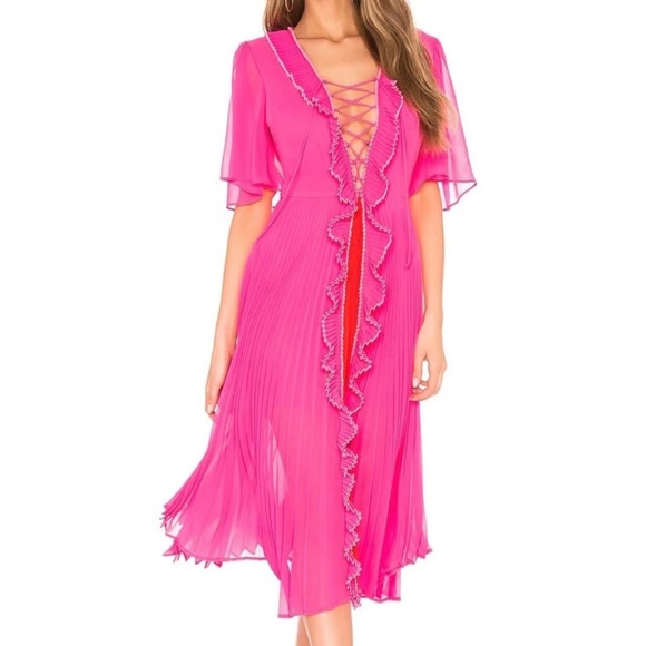 New! Anthropologie x Delfi Collective Gwen Lace up Ruffe Pleated Pink Dress❤️‍🔥 - Picture 11 of 11